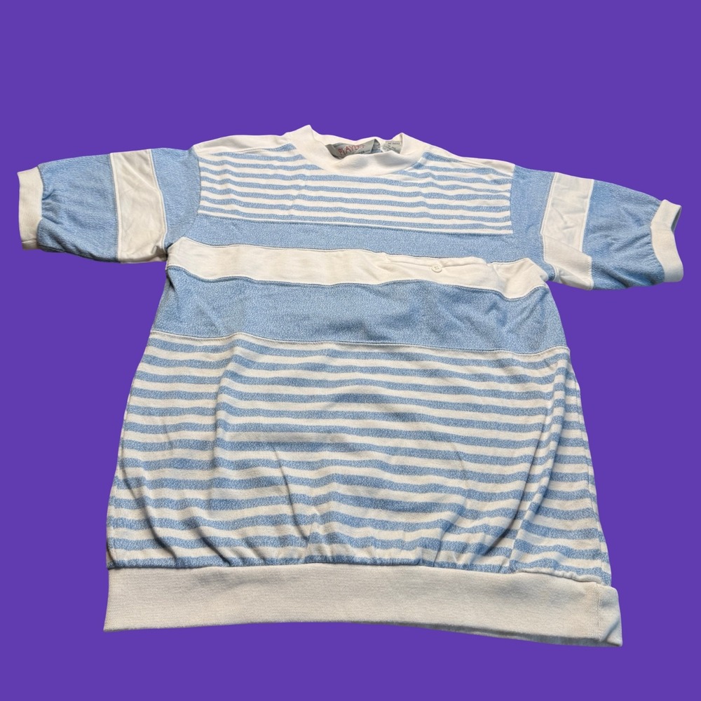 Vintage Players Van Heusen Short Sleeve Sweatshirt Blue White Striped Korea